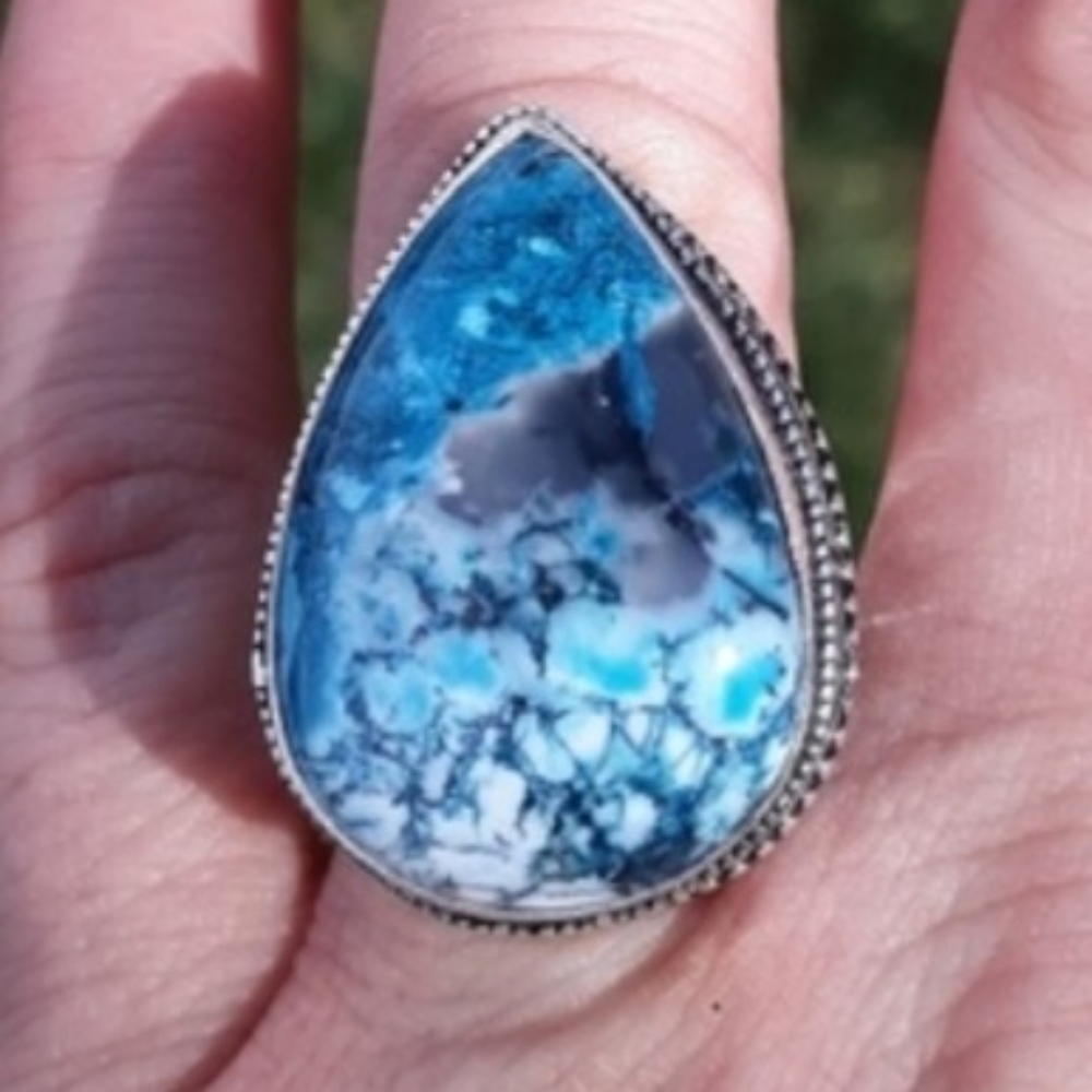 New Blue Dendrite Opal 925 Silver Ring.